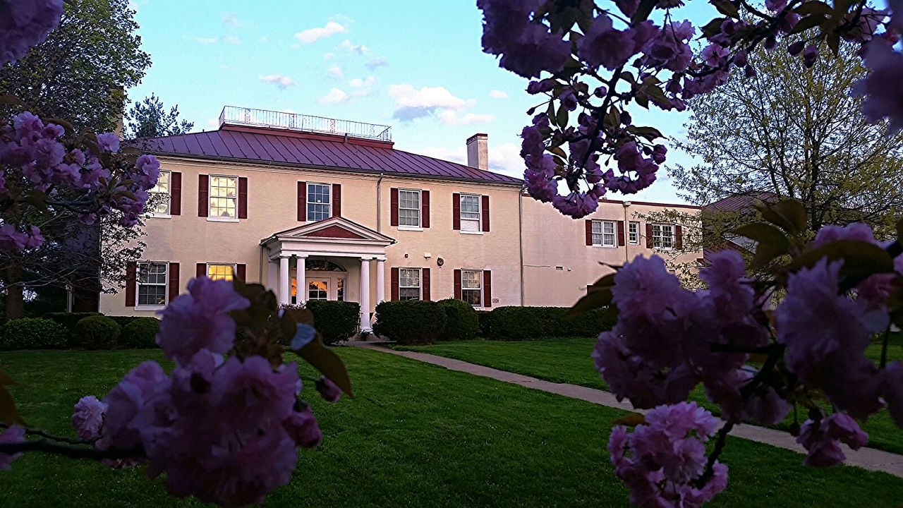 Edgehill exterior with purple flowers